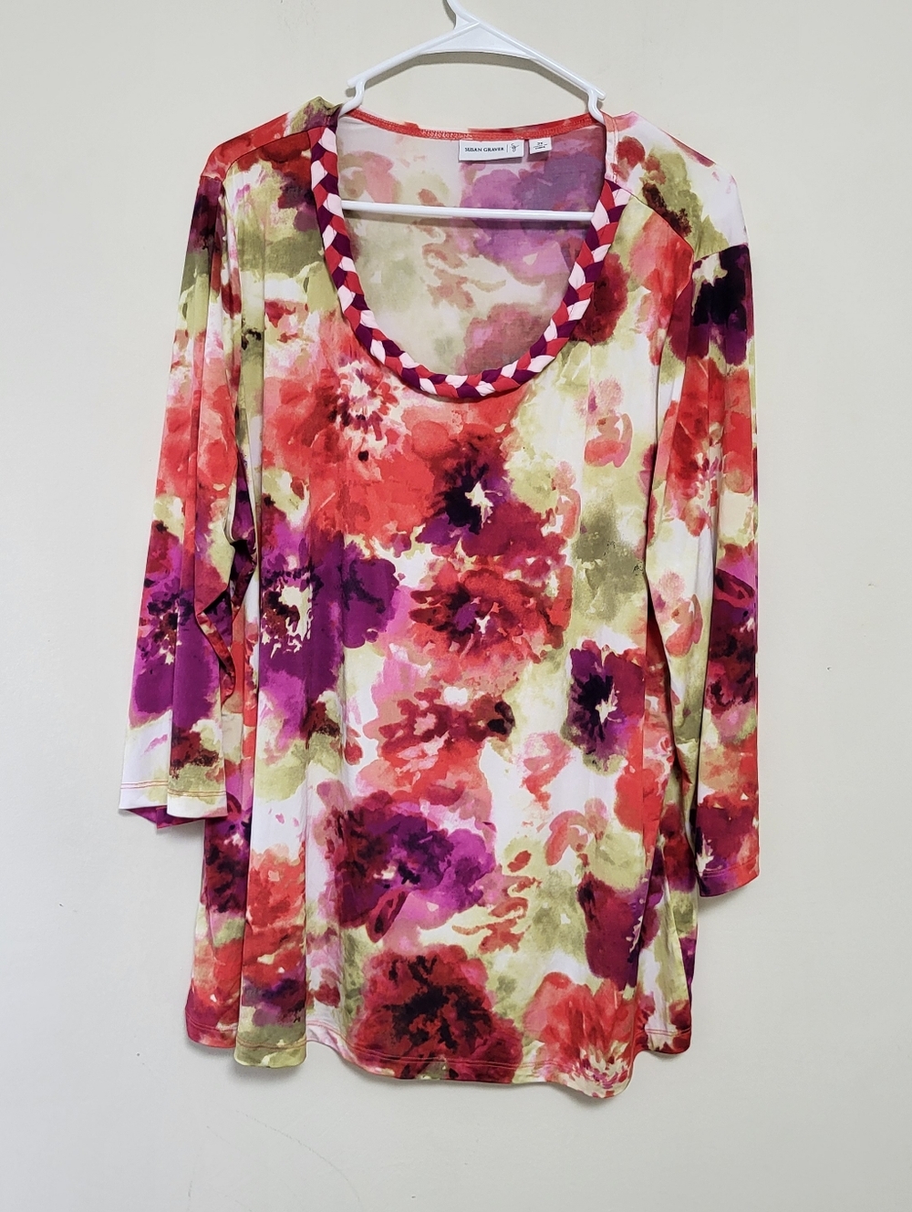 Susan Graver Floral Liquid Knit 3/4 Sleeve Top 2X Colorful Vibrant Tunic Office